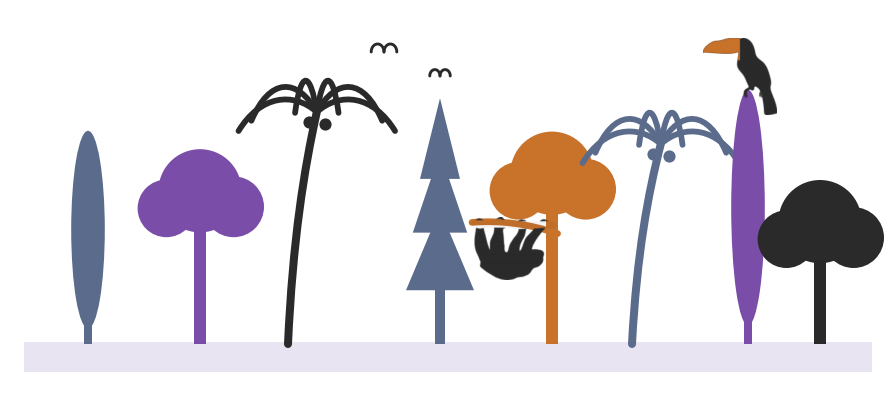 A cartoon strip of tropical forest — stylized trees and palms in purple, slate, orange and black on a lilac ground line, a sloth hanging from a branch, a toucan perched on a cypress, two birds overhead