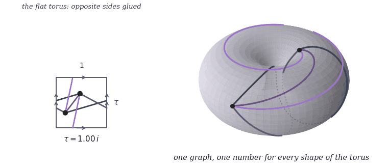 Animated two-panel illustration. Left, labeled the flat torus: opposite sides glued, a rectangle of width 1 and height tau with arrows on its sides marking the gluing, two black vertices inside, and four colored straight edges between them that leave through one side and re-enter through the opposite one; a label below reads tau = 1.00 i rising to 2.00 i and back as the rectangle stretches. Right, the same torus drawn in space as a ring with the two vertices and the four edges winding around it in different ways, the parts on the far side dotted; as tau grows the ring becomes thinner. Caption text: one graph, one number for every shape of the torus.