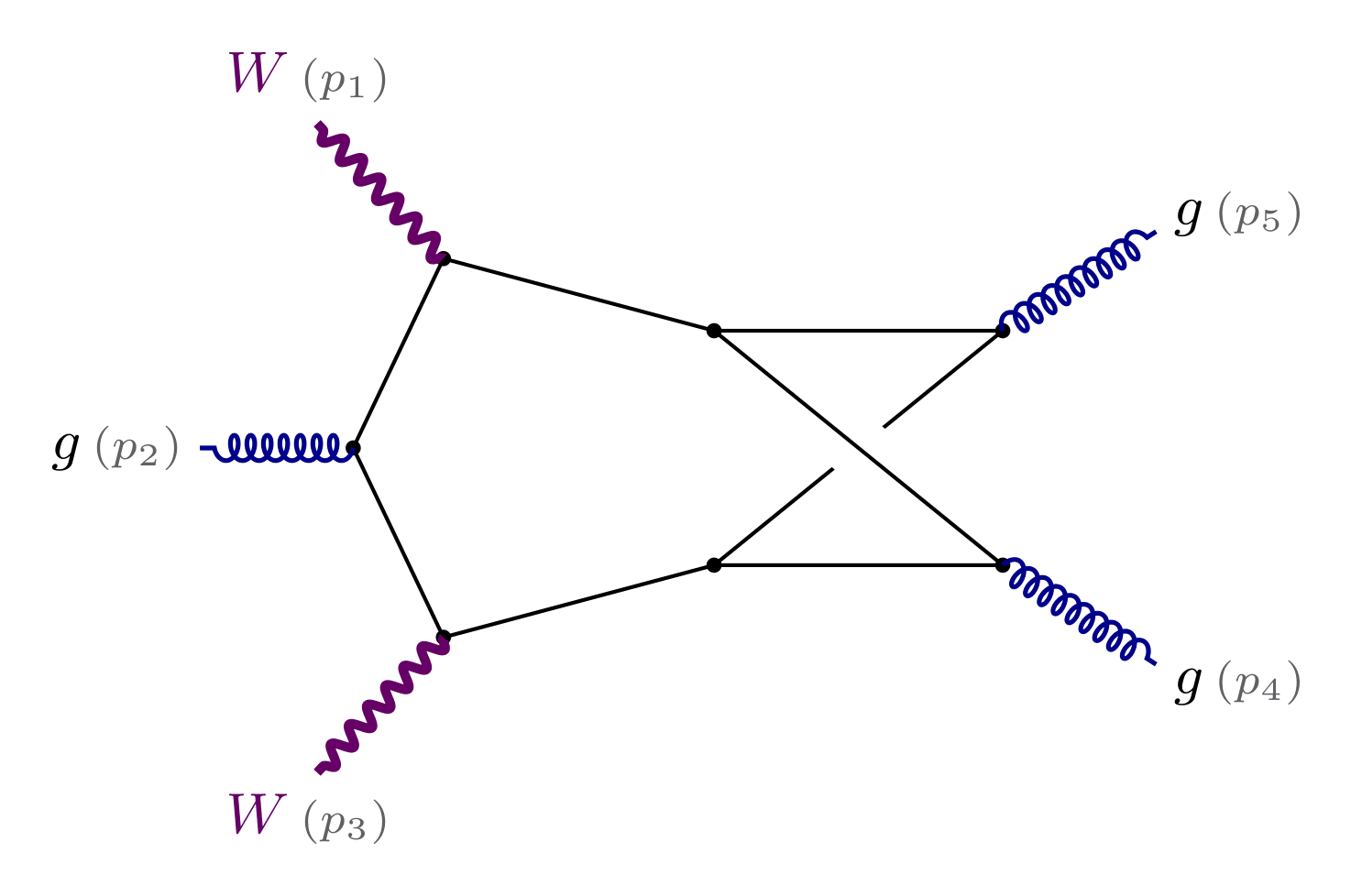 Feynman diagram of the two-loop five-point non-planar hexa-box. Eight thin black internal lines: on the left a chain of four lines carrying three external legs, joined at two internal vertices to a box on the right whose two diagonals cross without a vertex. External legs, reading around the graph: a violet wavy W boson labeled p1 at top left, a blue curly gluon labeled p2 at far left, a violet wavy W boson labeled p3 at bottom left, and blue curly gluons labeled p5 at top right and p4 at bottom right. The drawing is mirror-symmetric top to bottom.