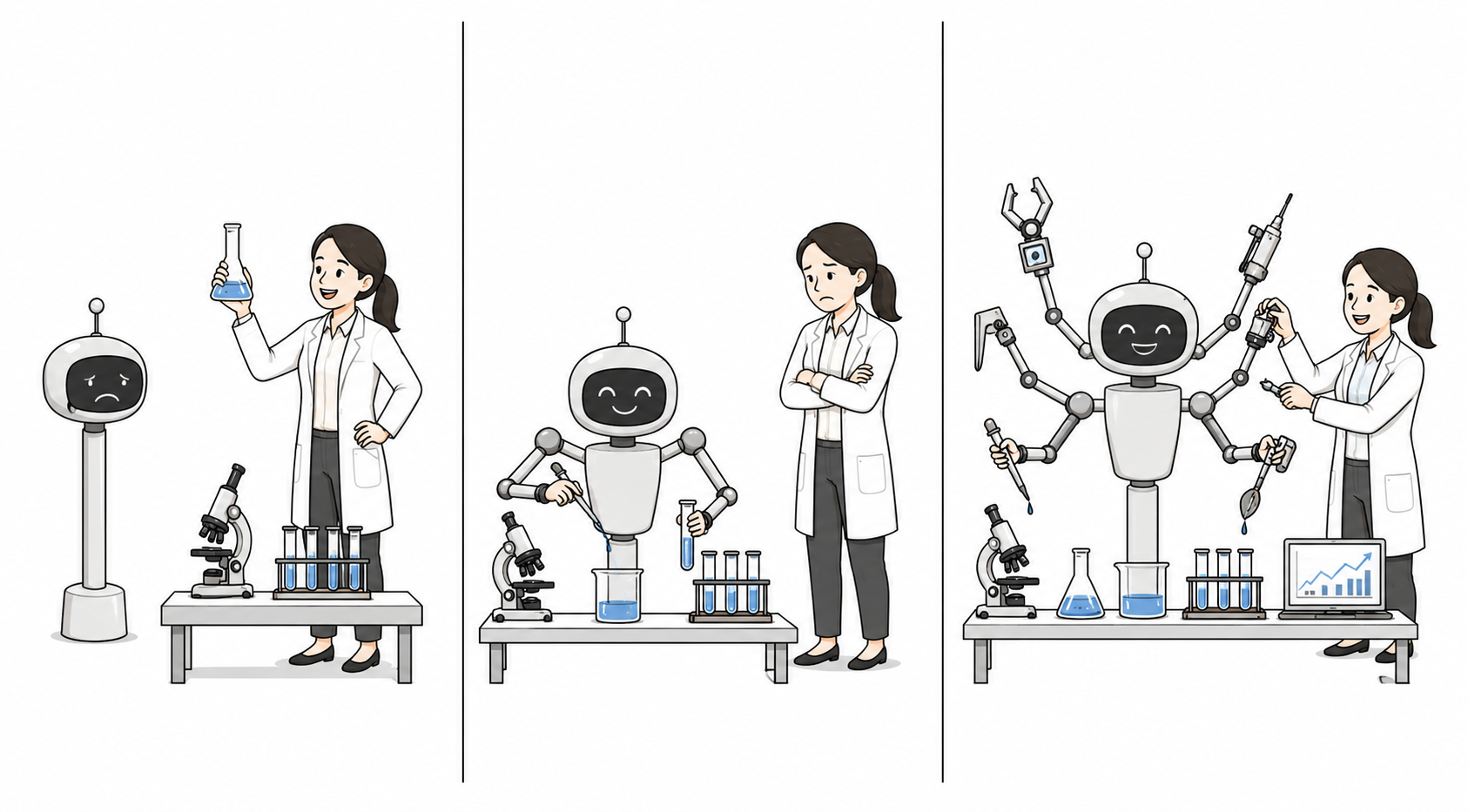 Three panels: a robot that is only a head watches a scientist work alone; a robot with two arms helps at the bench; a robot with many arms runs the whole bench while the scientist cheers.
