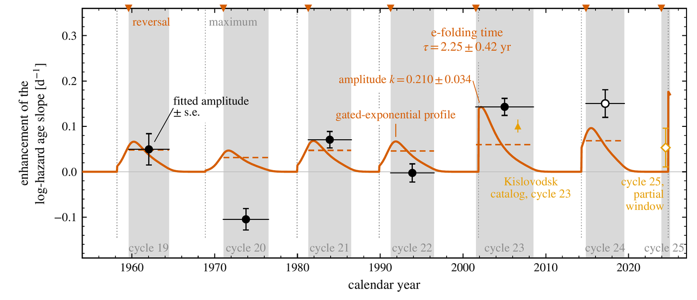Enhancement of the log-hazard age slope, in inverse days from minus 0.15 to 0.35, against calendar year from 1954 to 2026. Seven gray vertical bands mark the windows of solar cycles 19 through 25, each labeled with its cycle number at the bottom; small orange triangles at the top edge mark the polar-field reversal epochs and dotted gray vertical lines mark the cycle maxima, with the words reversal and maximum written beside the first ones. A thick orange curve, the fitted window profile, is zero between cycles and, from each cycle maximum, rises and then decays back toward zero through the window; annotations give amplitude k = 0.210 plus or minus 0.034 and e-folding time tau = 2.25 plus or minus 0.42 yr. Short dashed orange horizontal segments show the profile averaged over each window. Black filled circles with vertical error bars and horizontal extent bars, labeled fitted amplitude plus or minus s.e., give each cycle's measured enhancement: about 0.05 for cycle 19, about minus 0.10 for cycle 20, about 0.07 for cycle 21, about 0.00 for cycle 22, about 0.14 for cycle 23; cycle 24 is drawn as an open circle near 0.15; a small gold triangle near 0.10 in cycle 23 is labeled Kislovodsk catalog, cycle 23; a gold open diamond with a large error bar near 0.05 at 2024 is labeled cycle 25, partial window.