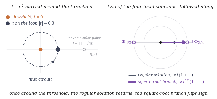 Animated two-panel illustration. Left: the complex t-plane near the threshold, with an orange dot at the threshold t = 0, an open gray dot further along the real axis marked next singular point t = 11 minus the square root of 105, and a slate dot traveling counterclockwise twice around a dashed circle of radius 0.3 centered on the threshold; a label under the panel reads first circuit, once around, second circuit, twice around. Right: two arrows from a common origin inside two faint circles, a thin slate arrow labeled regular solution, proportional to t, and a thick violet arrow labeled square-root branch, proportional to t to the three-halves, with hollow violet markers at plus Phi three-halves on the right and minus Phi three-halves on the left. As the dot completes one circuit the slate arrow turns once and is back where it started while the violet arrow turns one and a half times and ends on the minus marker; after the second circuit both arrows are back at the start. Caption text: once around the threshold: the regular solution returns, the square-root branch flips sign.